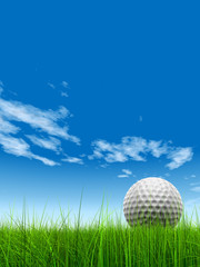 conceptual 3D golf ball on green grass over a blue sky