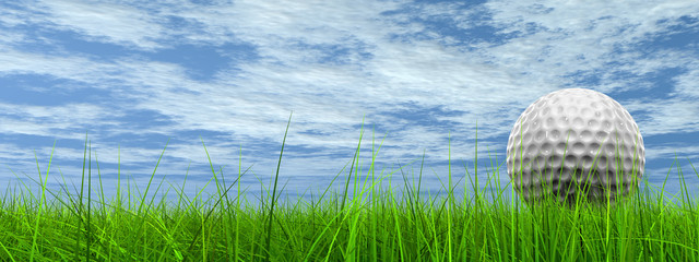 conceptual 3D golf ball on green grass over a blue sky