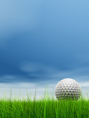 conceptual 3D golf ball on green grass over a blue sky