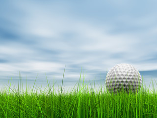 conceptual 3D golf ball on green grass over a blue sky