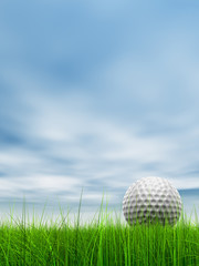 conceptual 3D golf ball on green grass over a blue sky