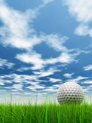 conceptual 3D golf ball on green grass over a blue sky