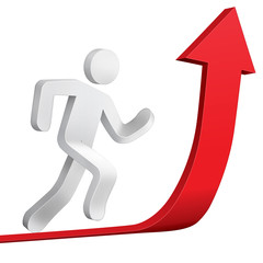 3d character man running on a red arrow for success