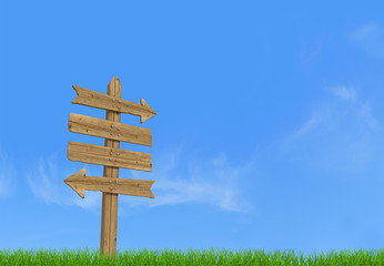 Old wooden empty sign post on sky background rendering