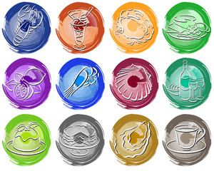 runde buttons in pinseloptik mit lebensmittel-symbolen