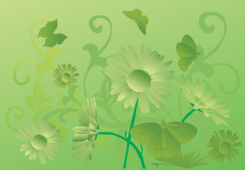green silhouettes of butterflies in flowers