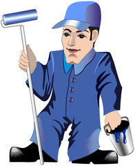 Painter in a blue working uniform with bucket of paint