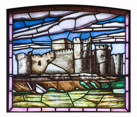 Castle in a Stained glass from Leon's Diputacion, Spain