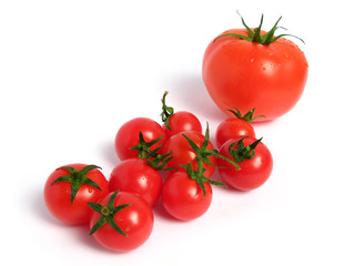 Tomato and cherry tomatoes on white background
