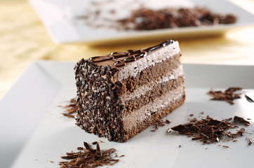 Chocolate cake on white plate