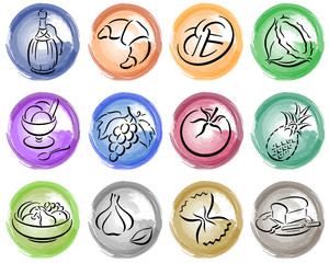 runde pinselkleckse mit Gastronomie-Symbolen