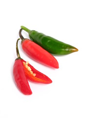 Two colors chilies group on white background