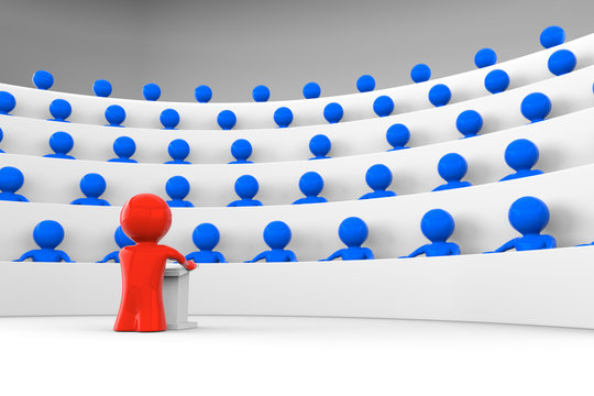 Red Man Facing An Audience Of Blue Characters; 3d Rendering