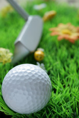 Golfball and club on artificial grass
