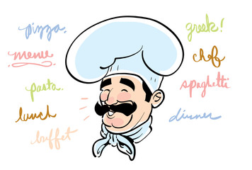 vector chef script words: pizza, menu, buffet, chef, spaghetti