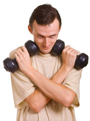 young men with dumbbells