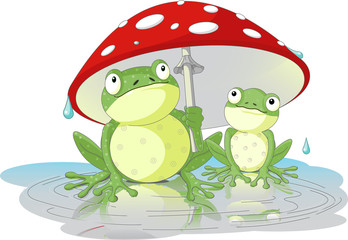 Two frogs wearing rain gear under  mushroom