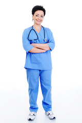 laughing female surgeon in blue uniform