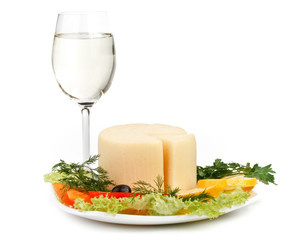 Cheese with vegetables and wine