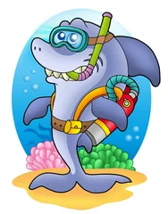 Garden poster For kids Shark scuba diver on sea bottom