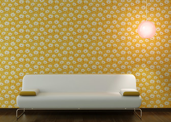 interior design of white couch on flowery wallpaper