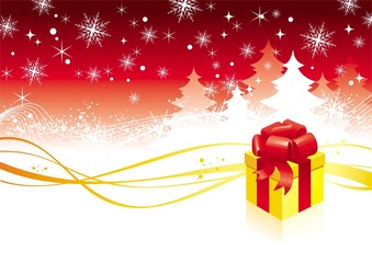 Christmas background with trees & gift in box