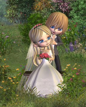 Cute Toon Wedding Couple with Garden Background
