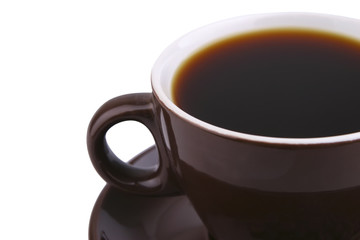 hot coffe in brown ceramic mug over white