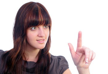 Woman pointing at virtual button