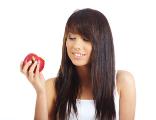 woman with red apple isolated over white background