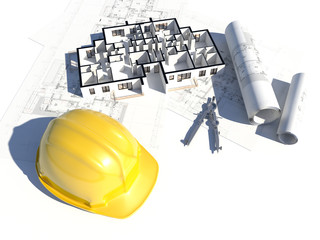 3D image if a floorplan and some blueprint and a helmet