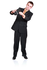 Obraz premium Cheerful businessman with empty wallet. Isolated