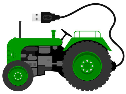Small green tractor with with USB cable