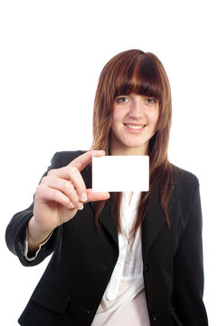 Attractive business woman showing information card