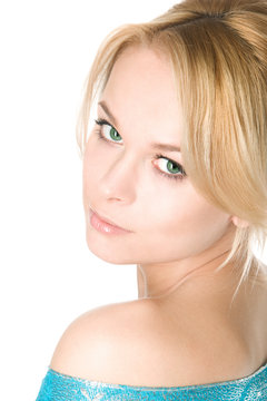 Close-up studio portrait of a beautiful fresh blond girl with pe