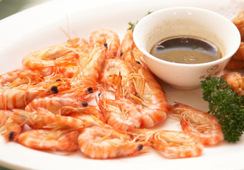 cooded shrimps and sauce soy.
