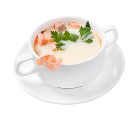 soup with seafood. white background