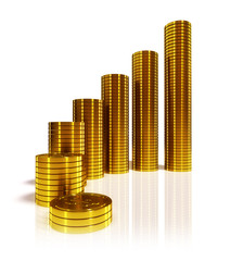 Stacks of gold coins on white background