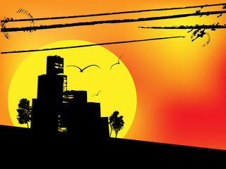 vector grungy urban scene with cityscape over sunset