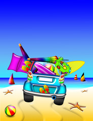 Naklejka premium Auto in Spiaggia-Car at the Beach-Voiture à la Plage