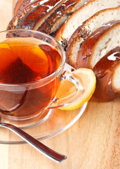 Fresh bun and cup of tea