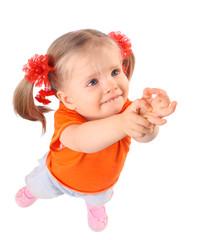 Child with raised arm. Wite background.