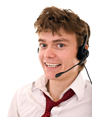 Happy man with support headset.