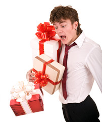 Man with falling gift box.