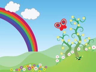 Photo sur Plexiglas Papillon Scène de printemps avec papillon et arc-en-ciel
