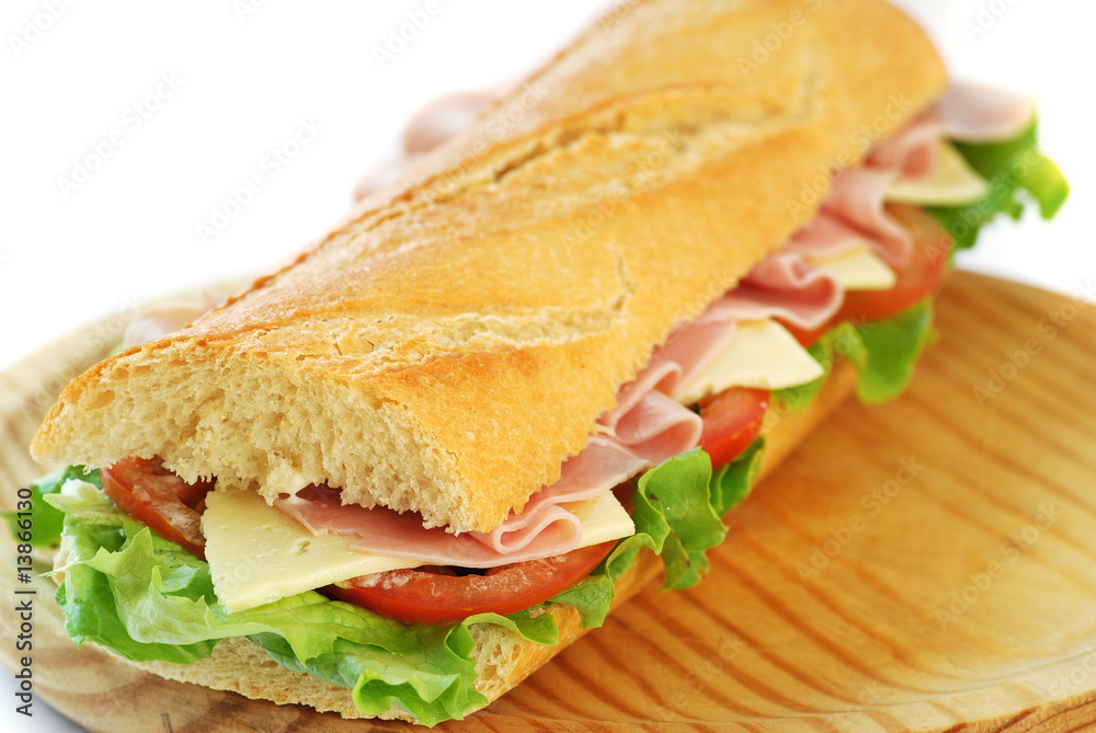 Wall mural baguette sandwich with ham and cheese