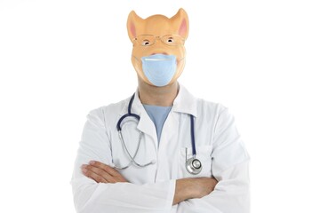 Doctor with pig mask, swine flu metaphor