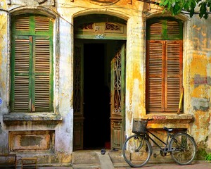 An Old House and Bicycle in Hanoi, Vietnam - obrazy, fototapety, plakaty