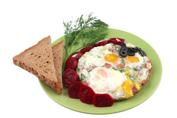 fried egg served with bread and vegetables