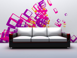 sofa in a room with decorated wall
